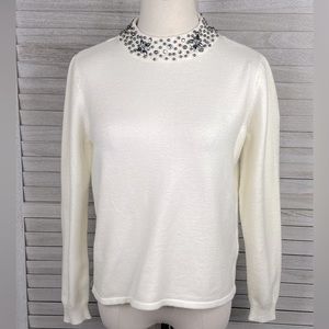 Mock Neck Sweater (no tags) w Embellished Gem Neckline Cream-Medium